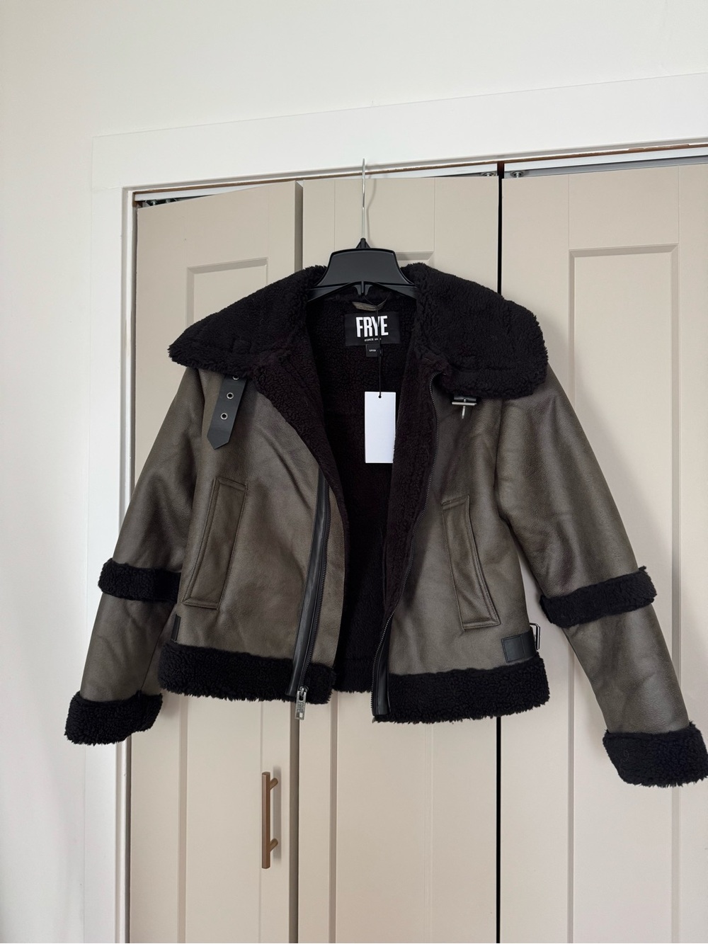 FRYE Women's Olive & Black Shearling Trim Moto Jacket